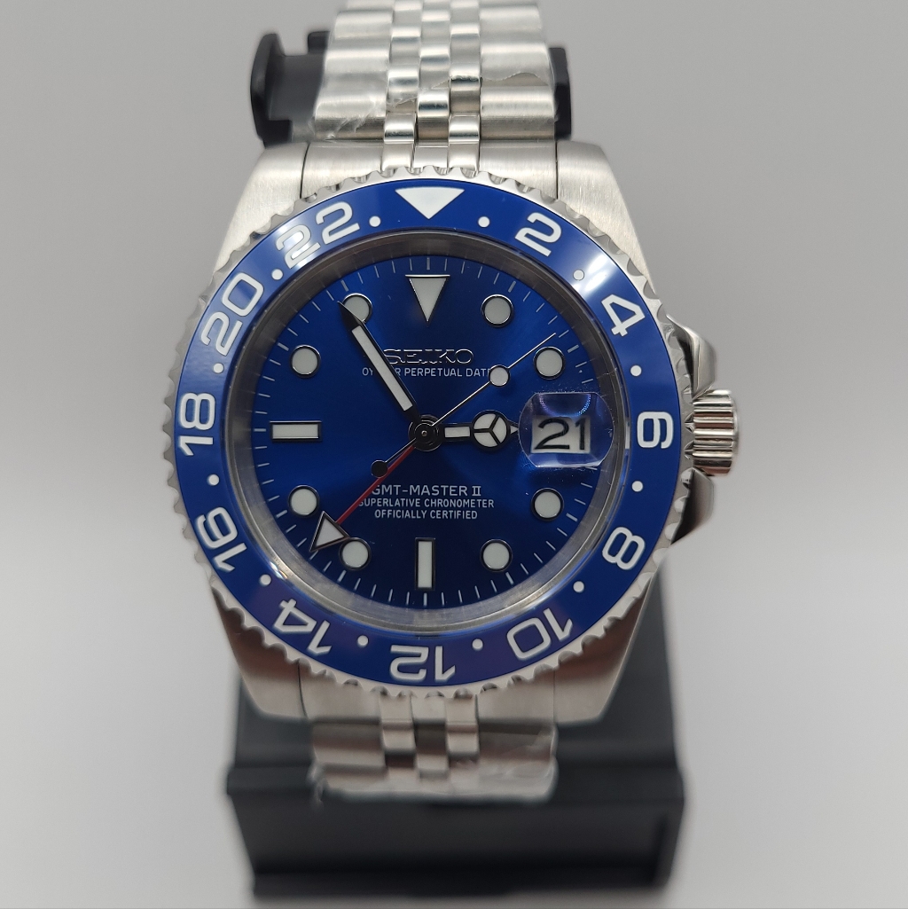 New Custom 40mm Seikomod Automatic Gmt Watch Blue Dial